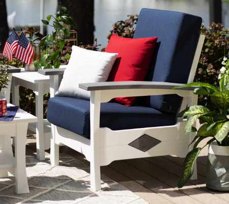 Upholstered chair with padded blue fabric seat and back.